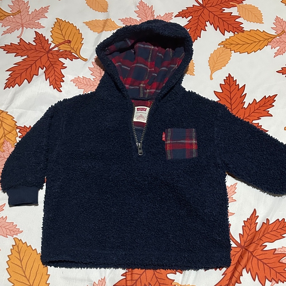 Levi's Navy Blue Kids Hoodie with Plaid Pocket